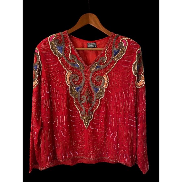 Blouse Womens Plus Size XL Silk Sequins Beaded Embroidered Vintage Gatsby - Picture 1 of 16